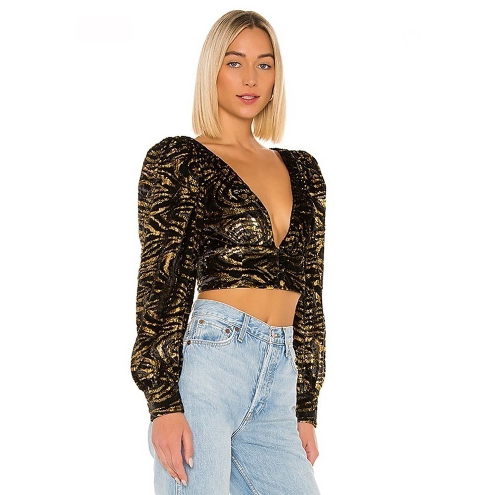 Grlfrnd Black & Gold Moreen Cropped Blouse Medium